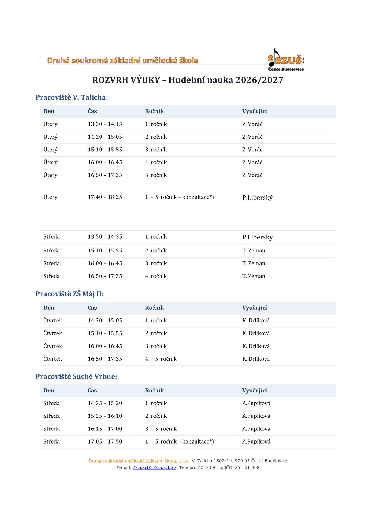ROZVRH VÝUKY – Hudební nauka 2026/2027